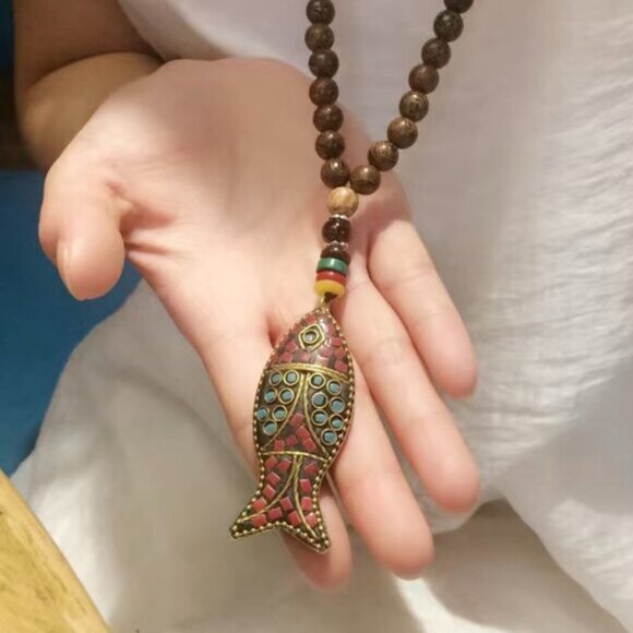 Boho Fish of Life Beaded Wooden Necklace - Picture 2 of 4